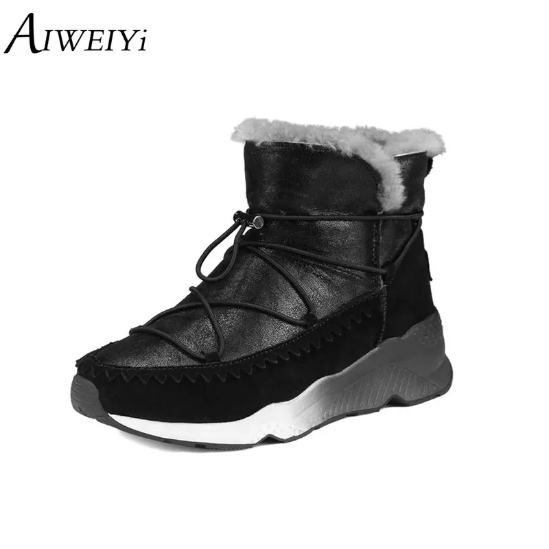 AIWEIYi/ботильоны из натуральной кожи Цвет черный серый зимние ботинки с шерстяным