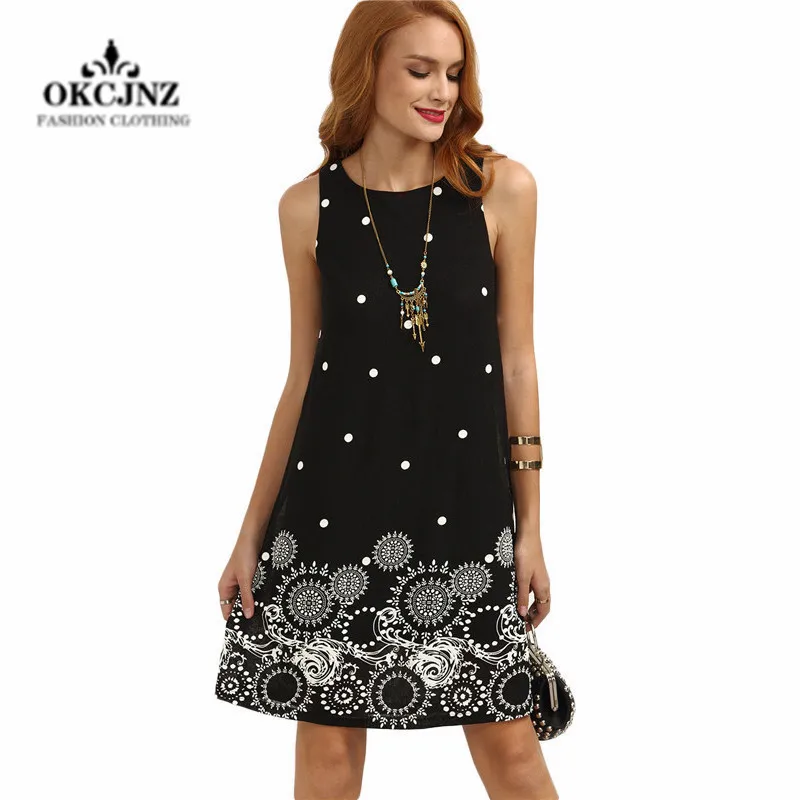 Летнее платье для женщин в европейском стиле 2019 года с крупным цифровым принтом "Большая волна", круглым вырезом и безрукавным дизайном. Женское платье A-образного силуэта, модель X0140.