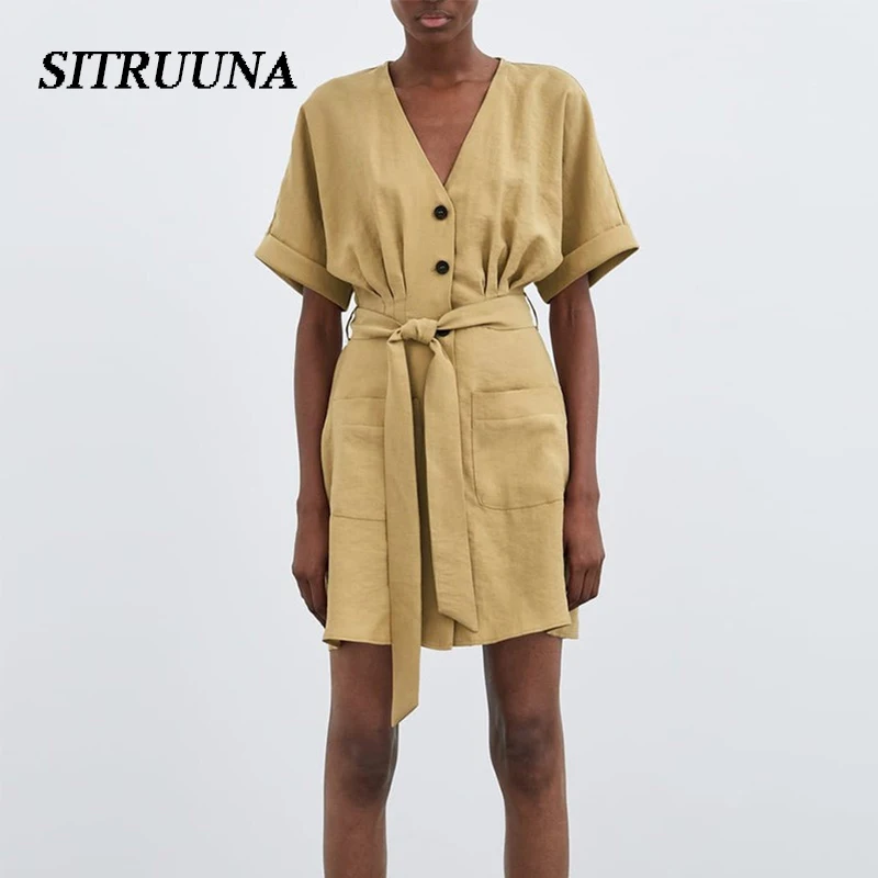 Sitruuna Летнее мини-платье с коротким рукавом винтажное платье поясом женское
