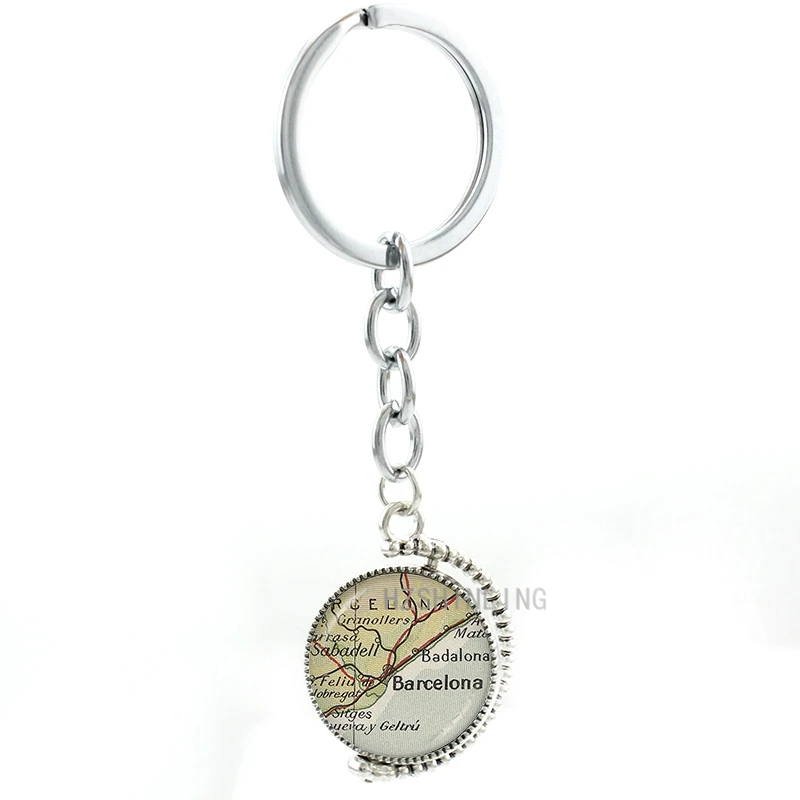 Двухсторонний Вращающийся брелок для ключей с картой Барселоны кольцо держатель