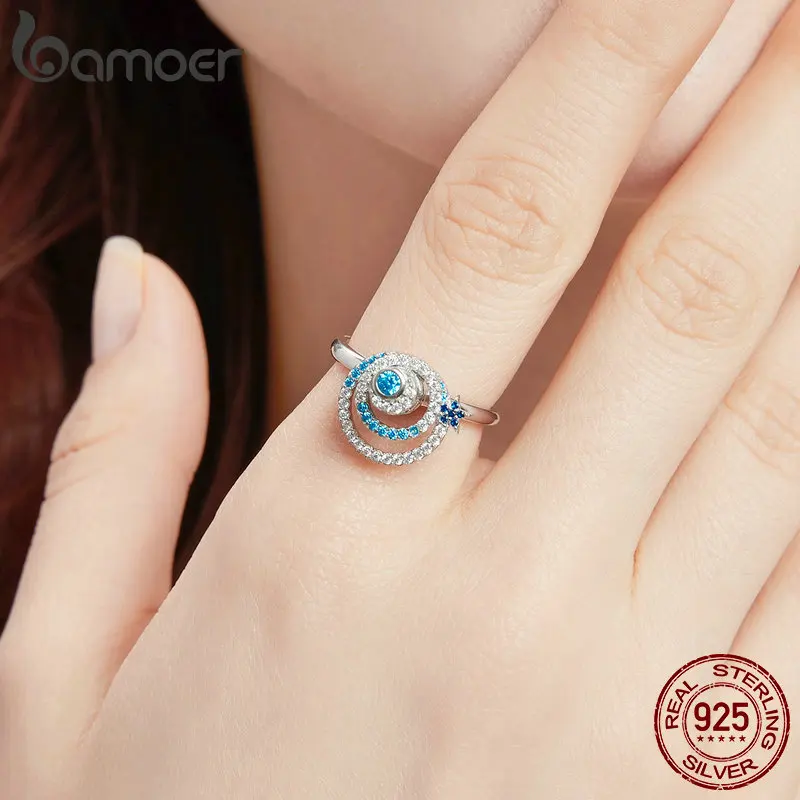 BAMOER Galaxy Star, регулируемое кольцо из натуральной 925 пробы, серебряное, CZ, Вселенная планета, кольцо на палец, роскошные брендовые ювелирные изделия BSR035