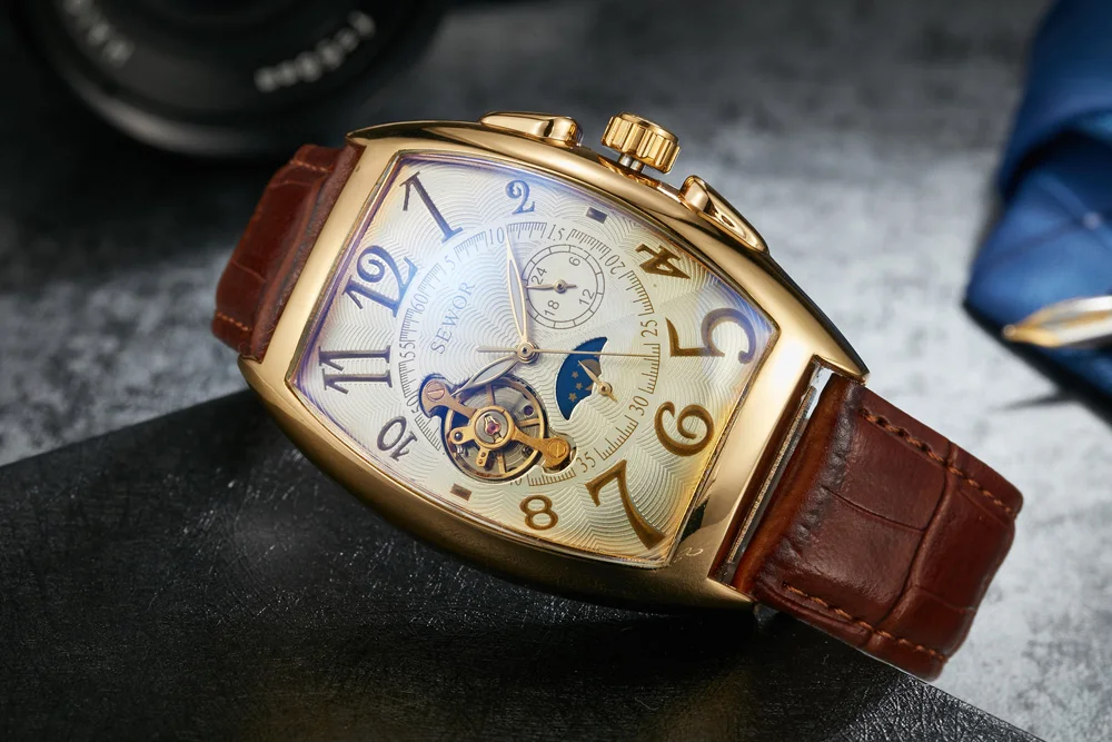 SEWOR Tourbillon автоматические механические часы мужские дизайнерские Moonphase квадратные кожаные часы с скелетом Авто Дата деловые часы