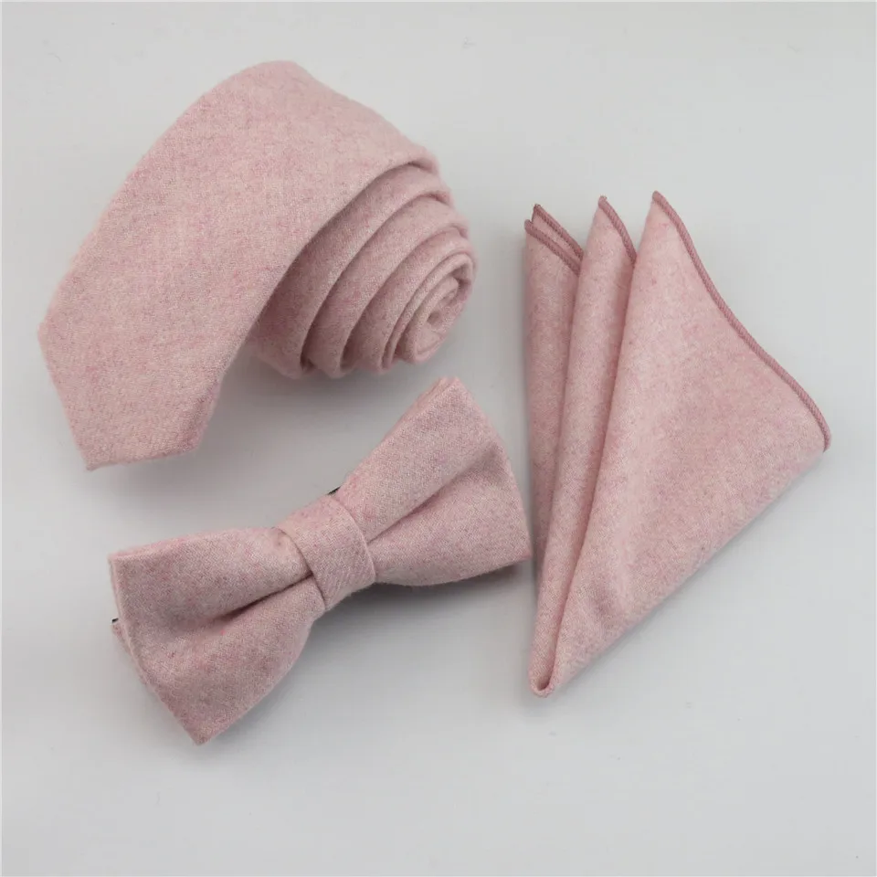 3 pcs Tie Set Шерсть розовый галстук набор мужские Галстуки бабочка Карманный платок костюм набор для мужчин свадебное платье аксессуары Gravata - Цвет: 3 pcs Tie Set