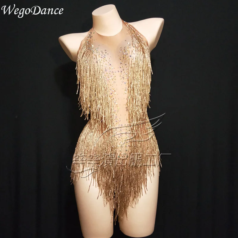 

new camel Shining tassel Rhinestones Bodysuit Dance Show One-piece Sexy Costume Women's Performance Leotard freeshipping