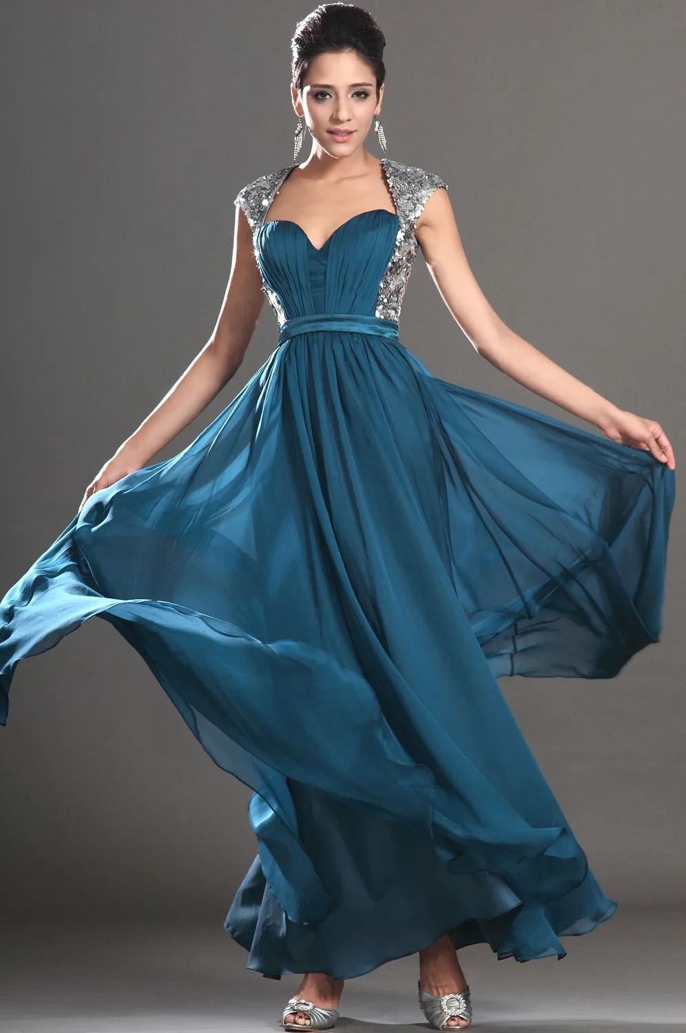 Custom Made Open Back Flowing Chiffon Long Silver Sequin Sexy Prom Dresses 2014 Evening Dress Party | Свадьбы и торжества