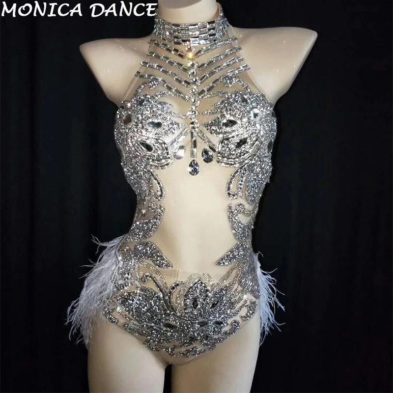 Sexy Stage Sparkly Silver Crystals Mesh Bodysuit Feather Leotard Outfit Women Dance Stage Party Dance Costume Celebrate Costumes