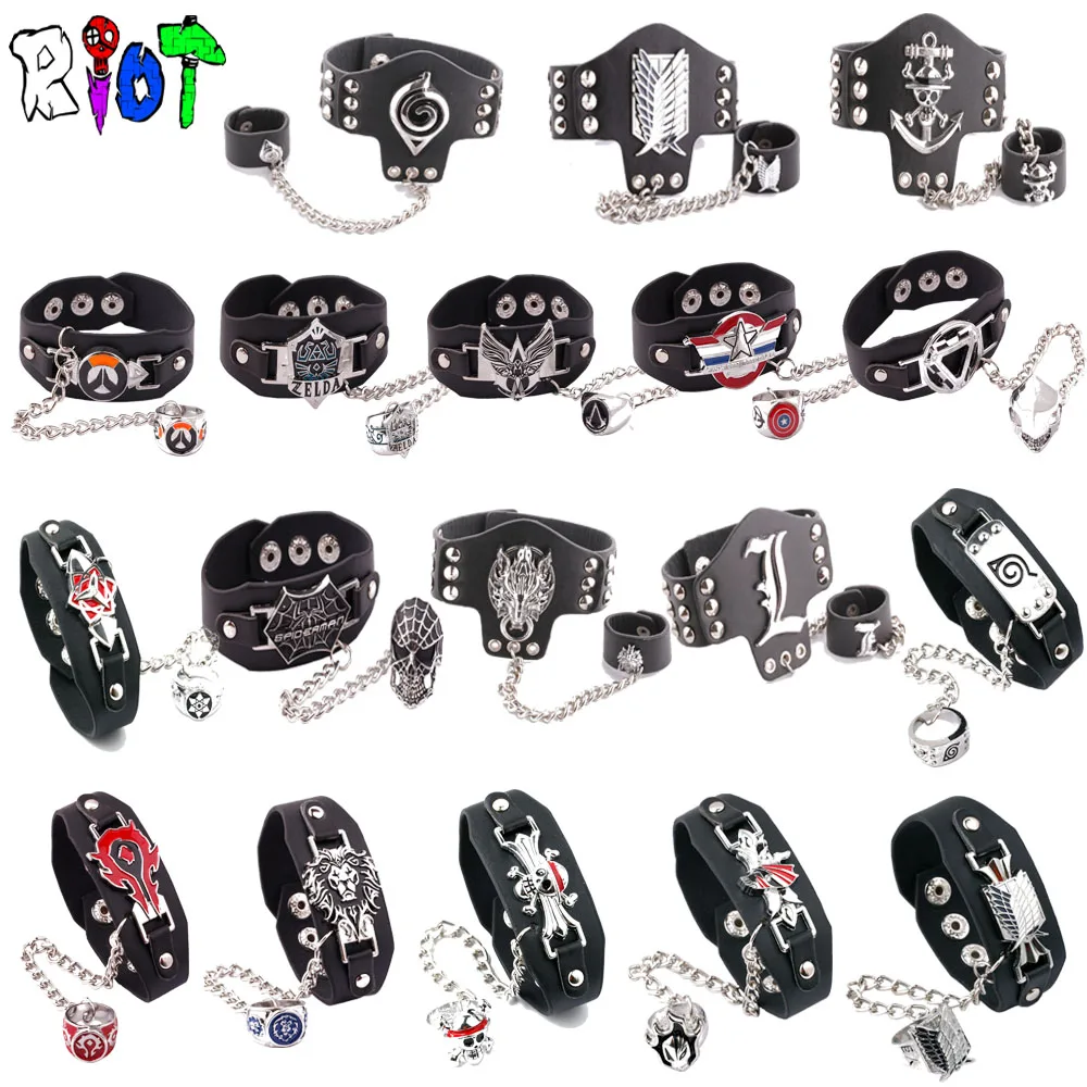 OW One Piece Zelda атака на Титанов панк Черное кольцо из искусственной кожи браслет руку