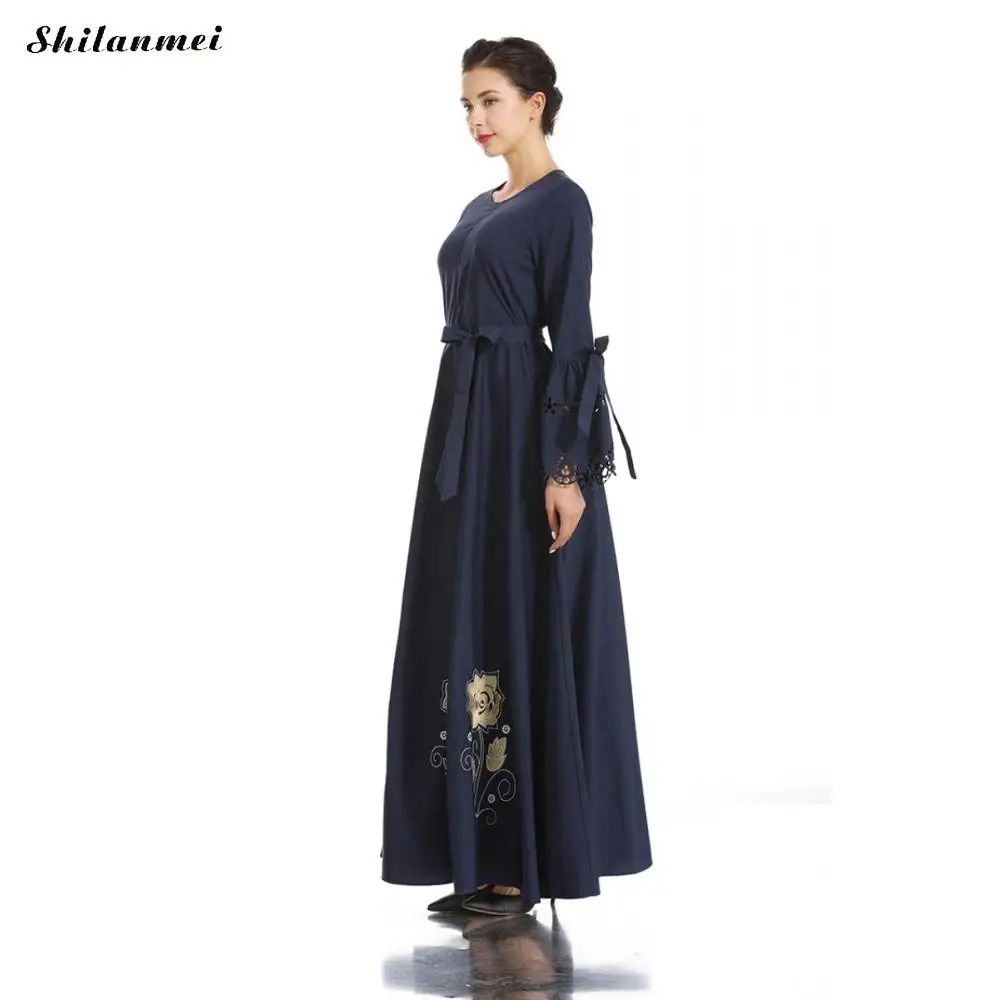 

Autumn Vintage Long Dress Women Muslim Abayas Kaftan Dubai Islamic Elegant Clothing Long Flare Sleeve Long Maxi Dress with Belt