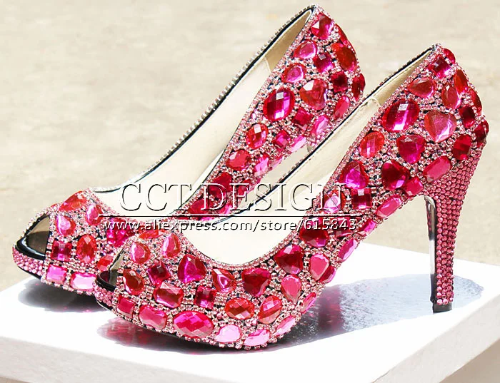 2016 Лето Sexy Women Роуз Кристалл Высокие Каблуки Peep Toe Свадебные Туфли С Красной