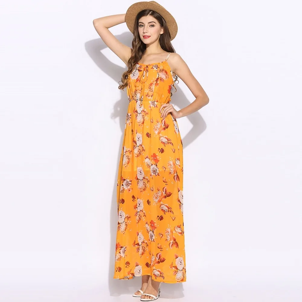 Женщины Без Рукавов Спинки Спагетти Ремень Шифон Цветочные Макси Бич Dress Casual|maxi