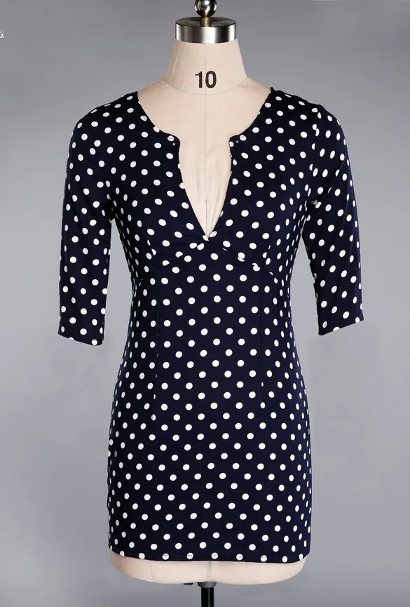 Blue Dot Woman Dress Party Elegant Women V Neck Short Sleeve Sexy Slim Bodycon Ladies Clothing Vestidos 4 Size 24 | Женская одежда