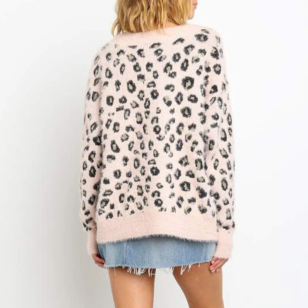 Women's Fashion Pink Leopard V-neck Long Sleeves Wool Cardigans New Loose Slim Fit Button Retro Warm Casual Sweet Sweater Coats |