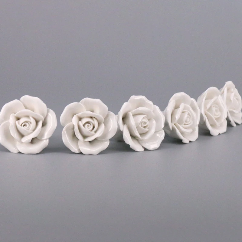10Pcs Hand-Made Vintage Ceramic Cabinet Door Rose Flower Pull Handle Knob Drawer Pulls & Handles White Knobs Furniture Pu |