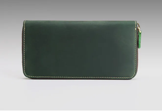 Green LEACOOL мужской кошелек из натуральной кожи Crazy Horse, Воловья кожа, мужские винтажные длинные тонкие кошельки ручной работы, кошелек, держатель для карт Carteira - Цвет: Green