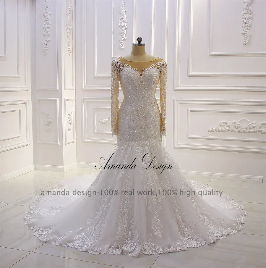 Аманда дизайн abiti da sposa с длинными рукавами аппликационные Жемчужины для Кружева Русалка свадебное платье