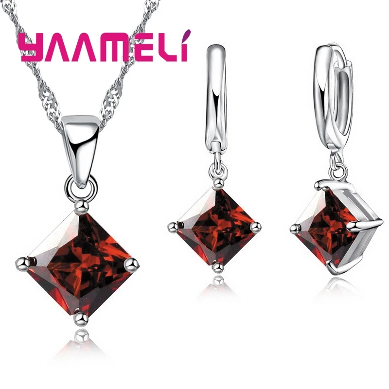 New Fashion Women Pendants Necklace Simple Geometry Square Earrings Crystal 925 Sterling Silver Jewelry Sets for Wedding images - 6