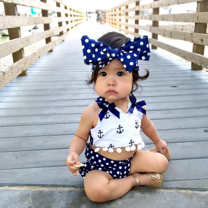 3 pcs/set Baby Girls Printing Patterns Clothing Set Ankle Tops + Polka Dots Underwear Summer Sunsuit Suit 0-24M | Мать и ребенок