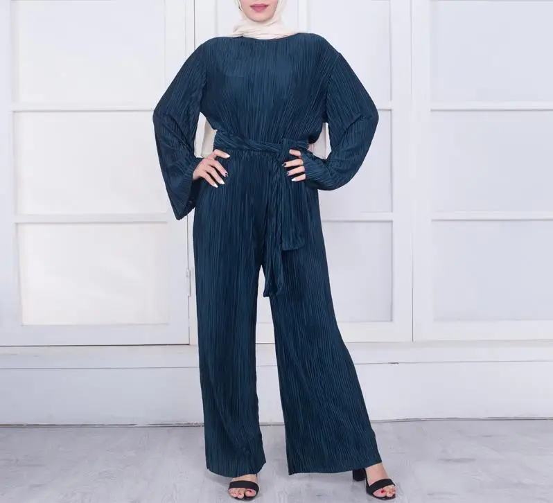 Green Jumpsuit Абая Дубай халат Femme кафтан Марокканский Арабский мусульманский плиссированные комбинезоны Катара широкие брюки комбинезон платья турецкая исламская одежда - Цвет: Green Jumpsuit