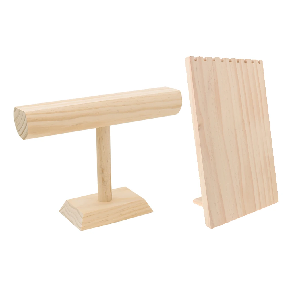 

2Pcs Solid Wood Jewelry Display Stand Set, Necklace Hanging Rack and Bracelets T-Bar Organizer Storage Holder