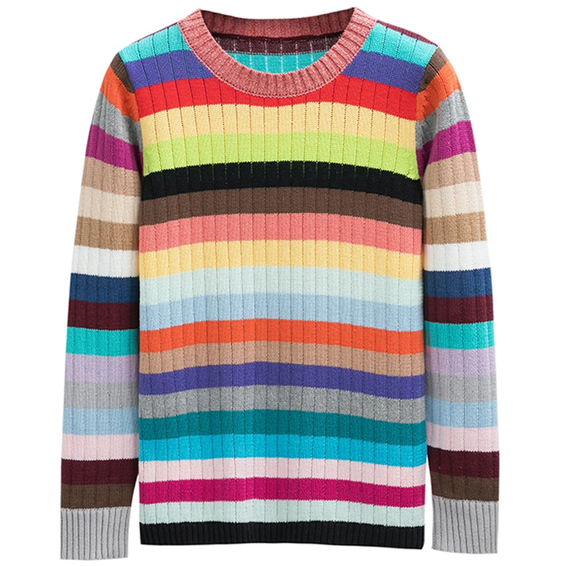 

Rainbow Stripe Women Autumn Winter 2019 Jumpers Knitted Clothes O-neck Kintwear Fashion Striped Pullover Sweaters