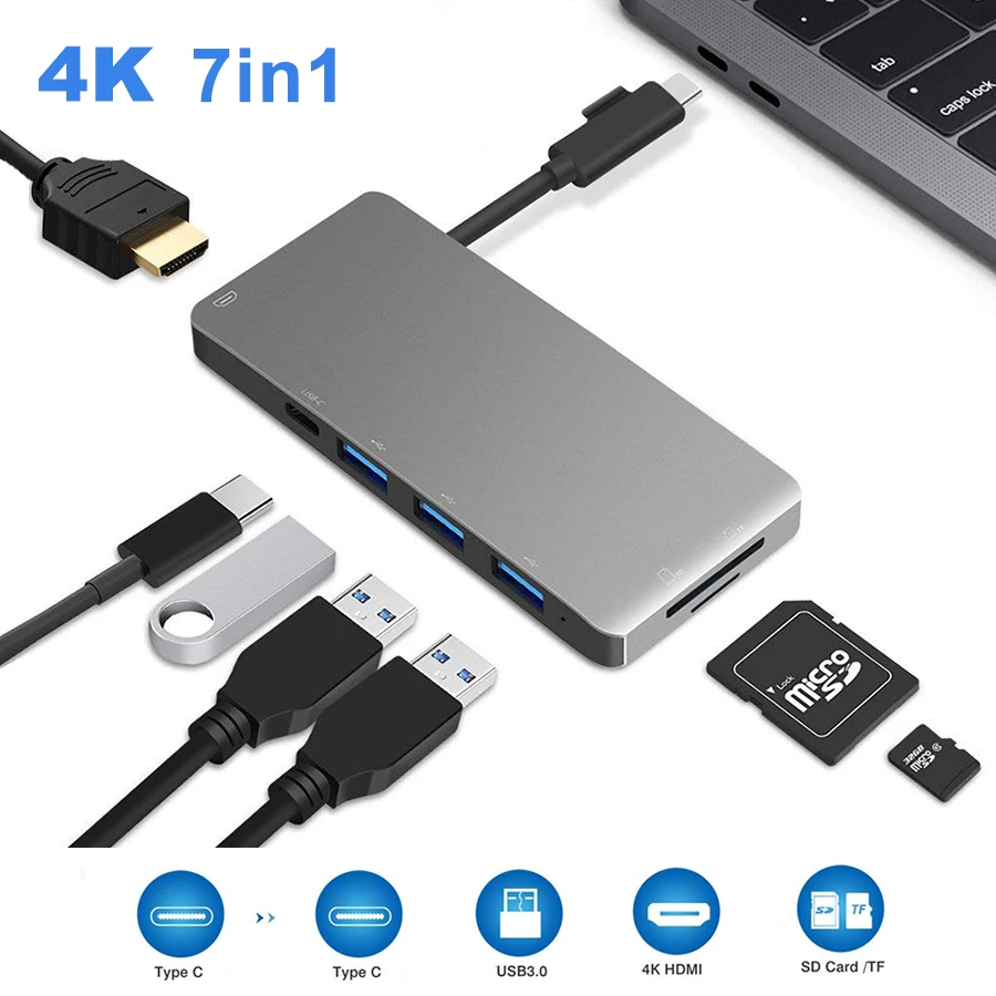 Новый 7 в 1 USB C концентратор на 3 * 0 складной кабель Type порт адаптер для lightning 4K HDMI