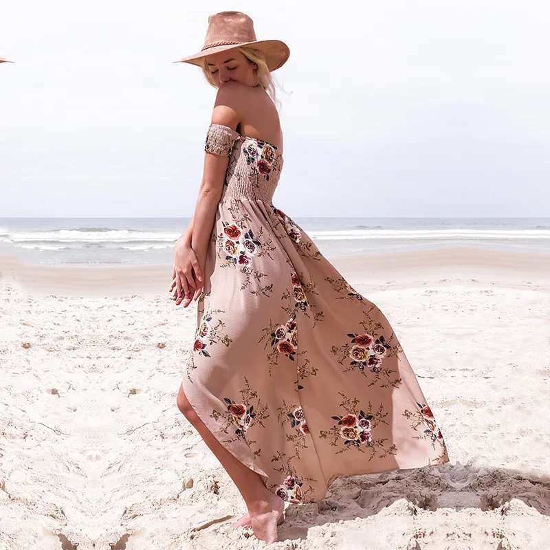 Boho style long dress women Off shoulder beach summer dresses Floral print Vintage chiffon white maxi vestidos de festa | Женская одежда