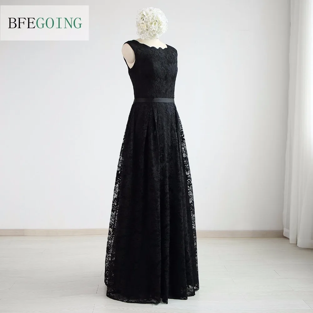 Черное Кружевное официальное вечернее платье трапеция до пола без рукавов на