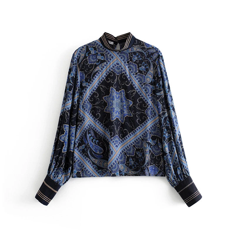 Женская блузка с длинным рукавом Boho винтажная синяя принтом 2019 | одежда