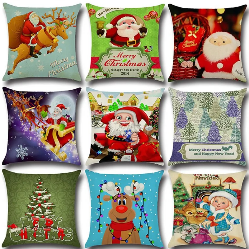 45x45cm Linen Pillow Cover Santa Claus Christmas Tree Print Pillow Case Home Hotel Office Seat Throw Pillow Cover 45x45cm
