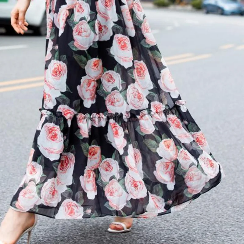 2020 spring summer long sleeve floral print chiffon elegant holiday o-neck waist elastic new arrival exquisite ladies dress | Женская