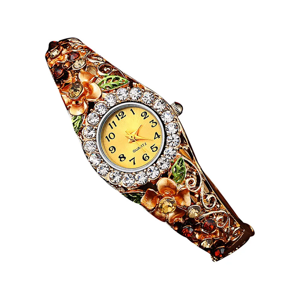 Gold Montre, роскошный браслет с цветами, часы для женщин, сплав, ремешок для часов, кварцевые часы, женское платье, Кристальный циферблат, наручные часы для девушек# Zer - Цвет: Gold
