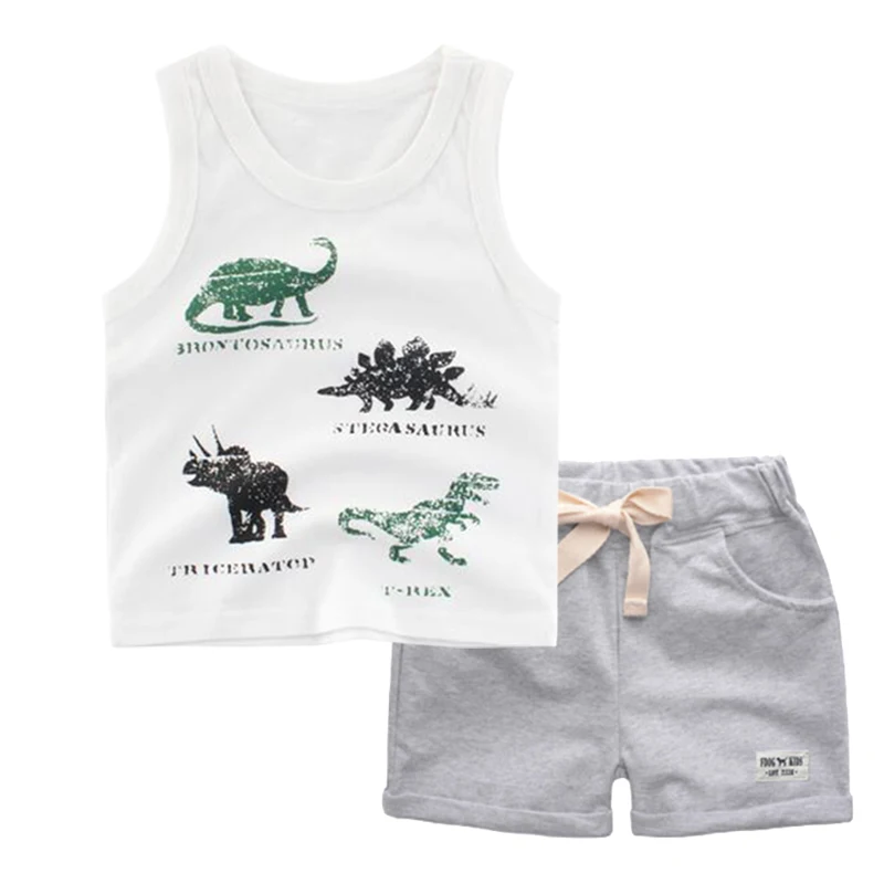 BINIDUCKLING Fashion Summer Baby Children Boy Clothes Set Sleeveless Vest+Shorts Dinosaur Cartoon Toddler Kids Clothing Set - Цвет: Grey