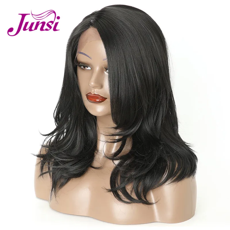 black JUNSI короткие винно-Красные кружевные передние парики из натуральных волн для женщин термостойкий синтетический парик - Цвет: black