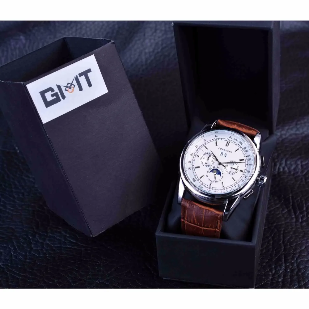 Часы наручные Forsining мужские с белым циферблатом модные брендовые Роскошные