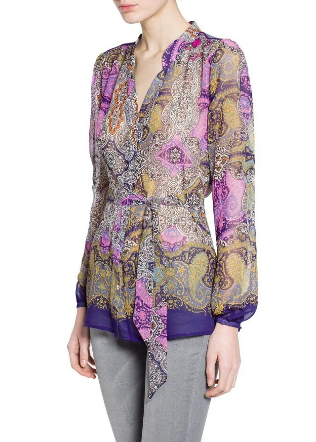 New 2018 Women Vintage Ethnic Totem Floral Print Orange Sashes Blousa Blouse Woman V Neck Casual Slim Shirt Tops |
