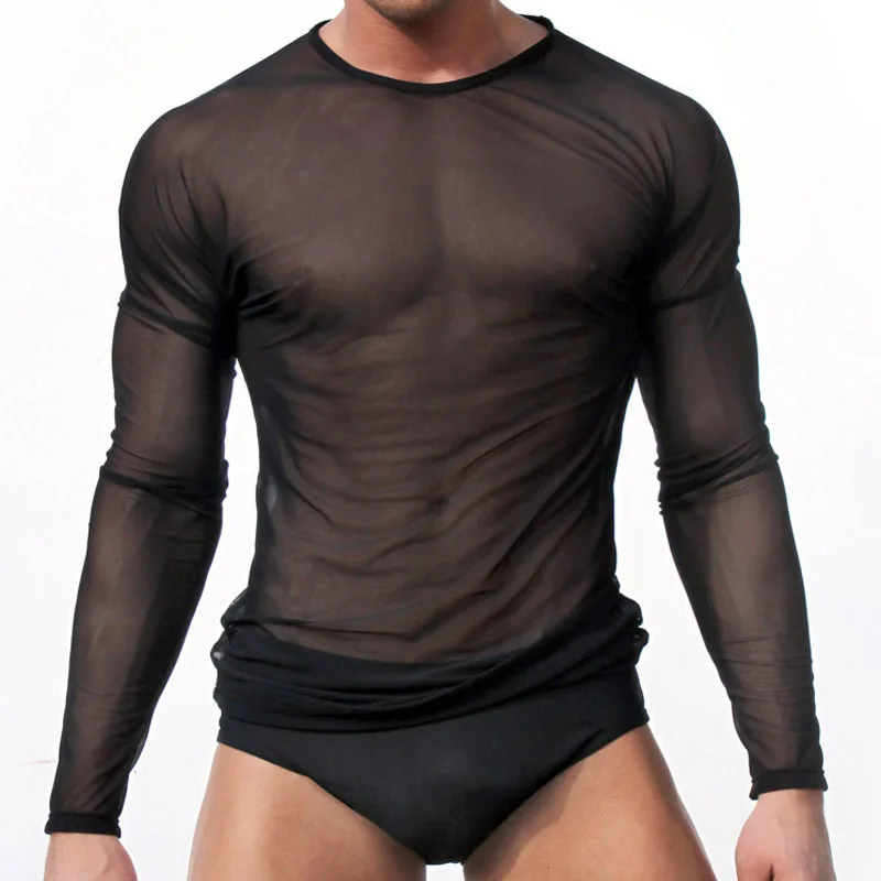 Mens underwear transparent gauze long sleeve T-shirt men's sexy tights undershirt tops tank | Мужская одежда