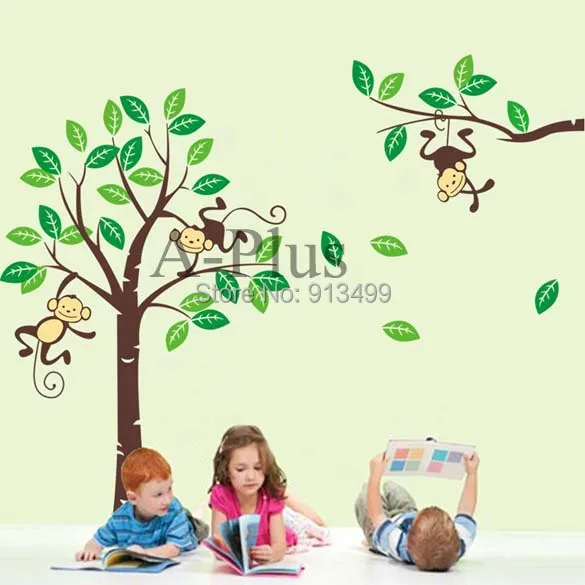 3шт / lot стена искусство декор съёмный пвх наклейка питомник дети обезьяна играет