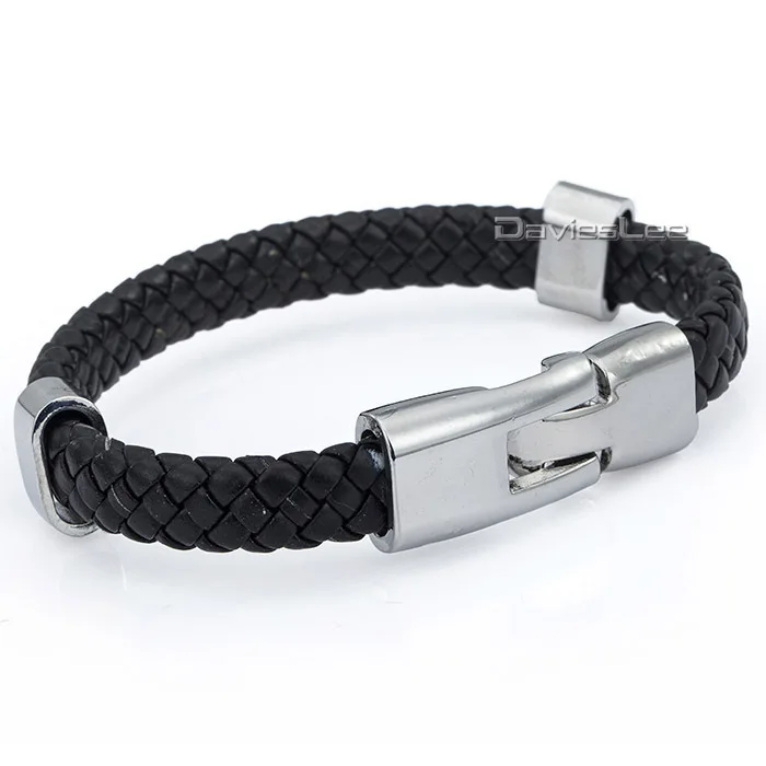 Браслет из черной плетеной кожи с застежкой нержавеющей стали для мужчин и