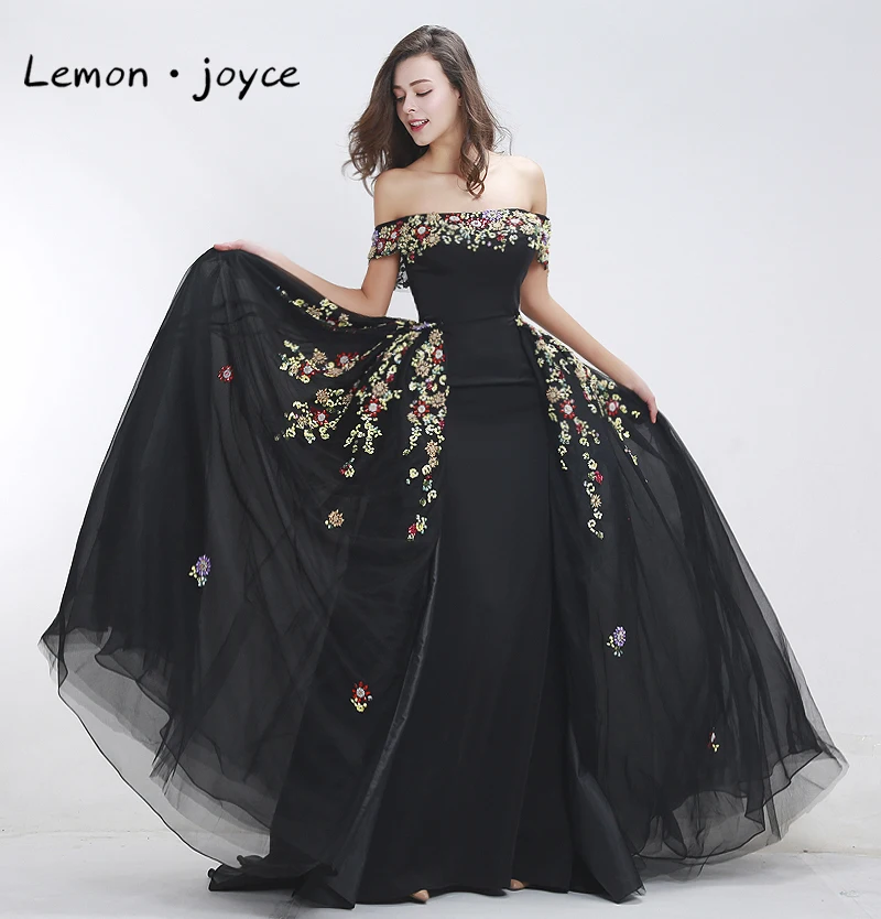 Lemon joyce черные вечерние платья Длинные с элегантным съемным воротником вечерние платья для выпускного вечера размера плюс Дубай Арабский халат De Soiree