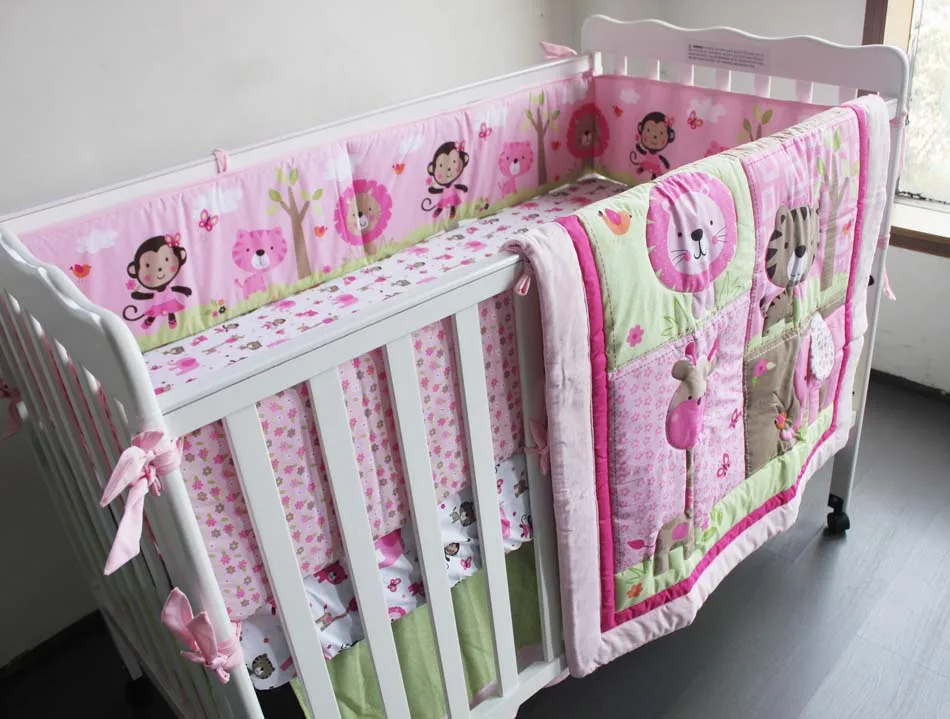 

7PCS embroidery Crib Baby Bedding Set ropa de cuna Baby Nursery Bedding (4bumper+duvet+bed cover+bed skirt)