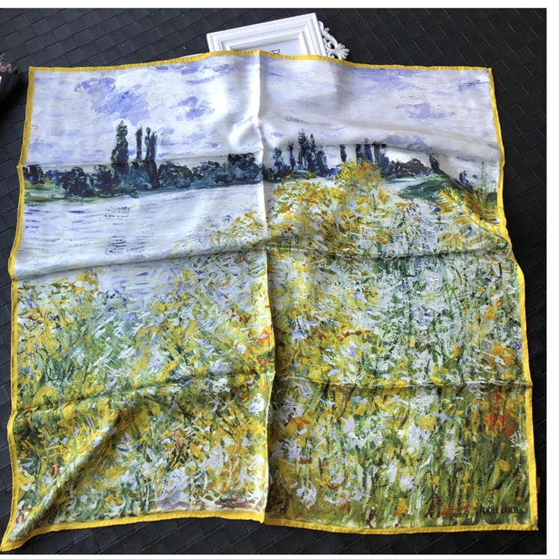 

100% Twill Silk Scarf Shawl Oil Painting Style Hand Rolled Edges 88*88cm