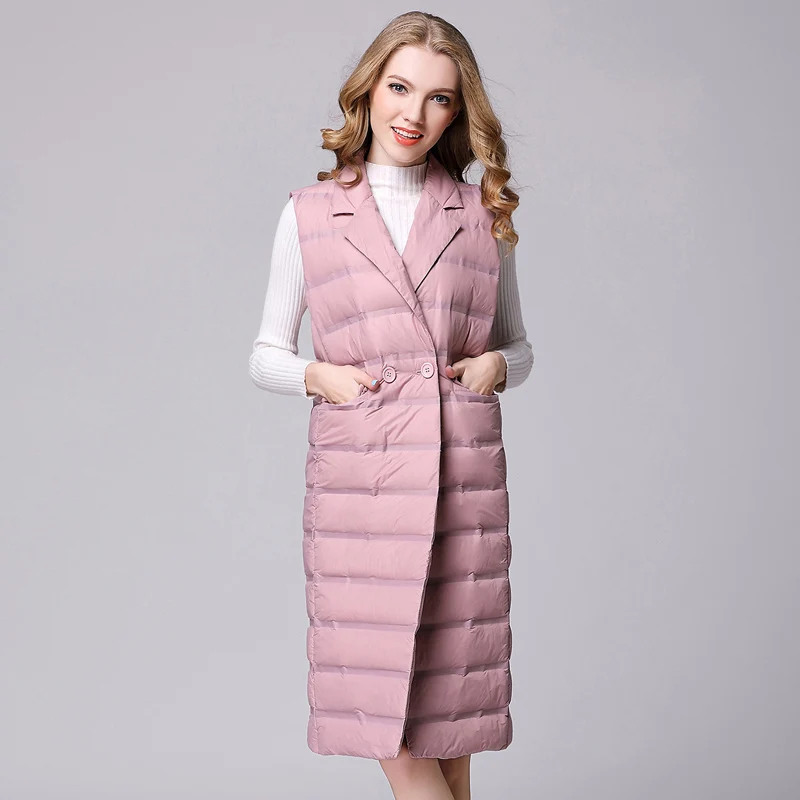 Женский модный белый длинный жилет на утином пуху женский ультра легкий теплый