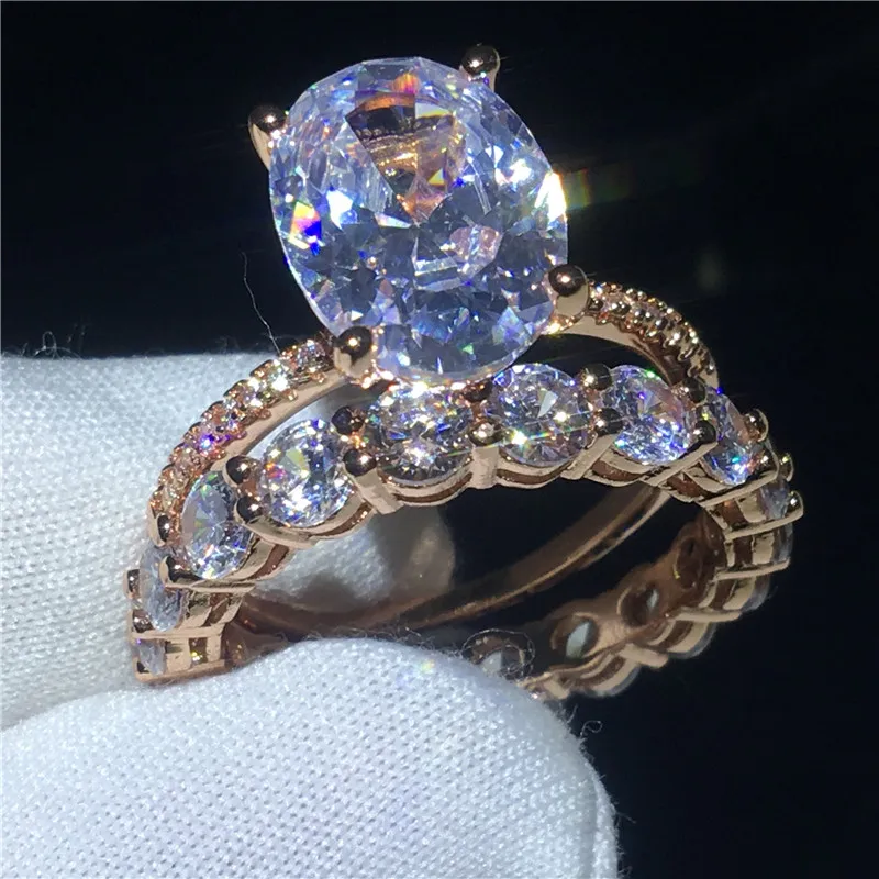 Вечерние кольца Vecalon, покрытые розовым золотом, 925 серебро, овальной огранки, 5А, циркон, Cz, вечерние кольца для женщин, модные ювелирные изделия - Цвет основного камня: ring set