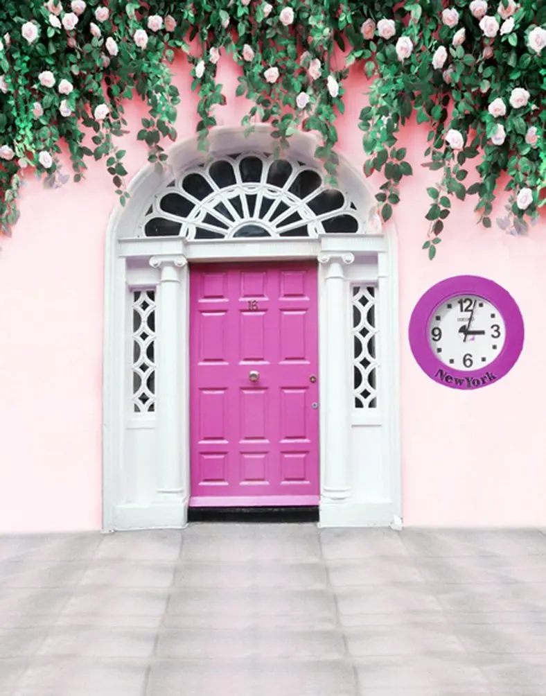 

5x7ft Pink Door Clock Flowers Photography Backdrops Photo Props Studio Background