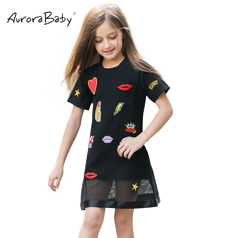 AuroraBaby платье для девочек черное милое с вышивкой и аппликацией лета осени