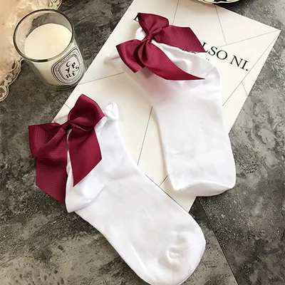 WhiteRed Женские носки, хлопковые, японские, с большим бантом, одноцветные, Kerst Sokken, женские короткие милые носки, calcetines mujer, женские, x27s, рождественские носки - Цвет: WhiteRed