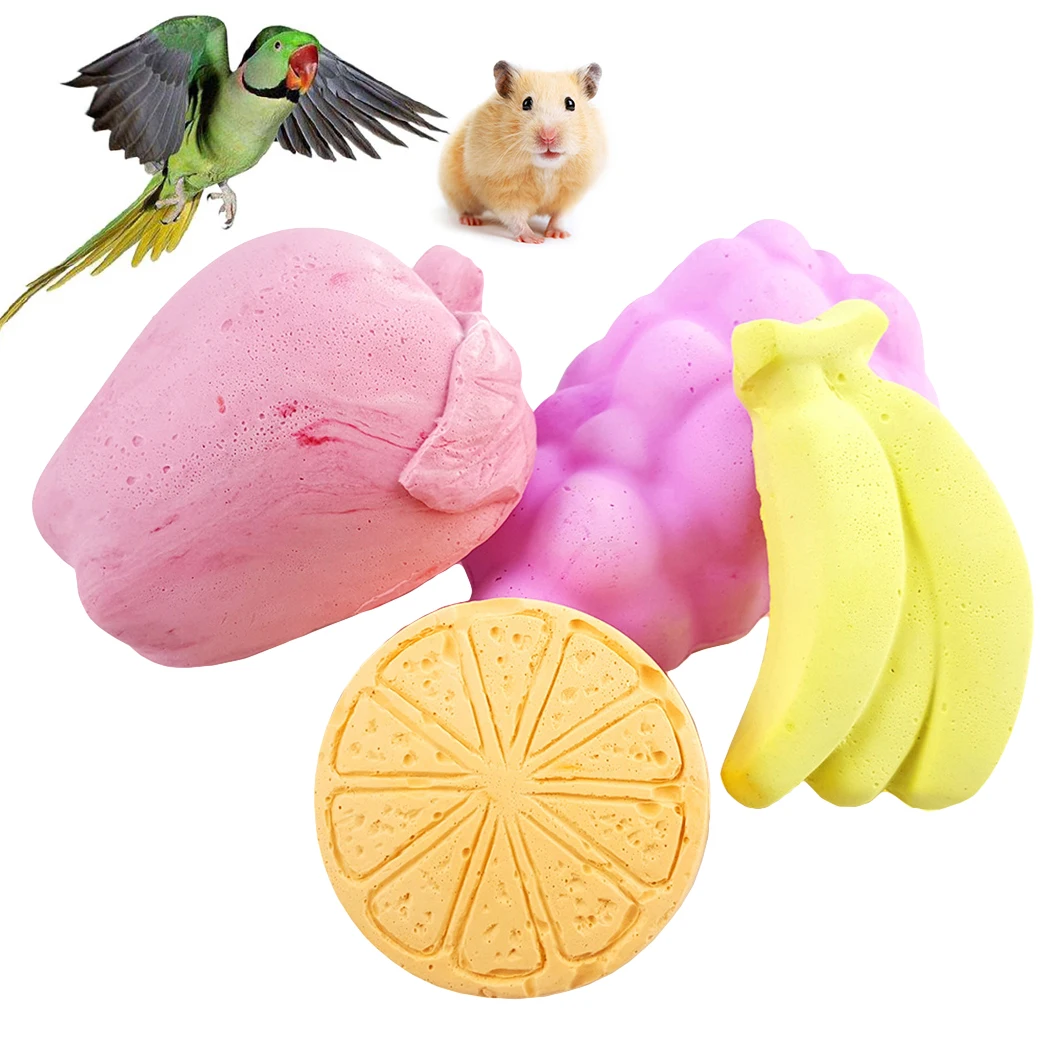 

4PCS Rabbit Chinchilla Guinea Pig Squirrel Bite Molar Bird Parrot Hamsters Chew Toy Fruit Shaped Pet Grinding Toy Mineral