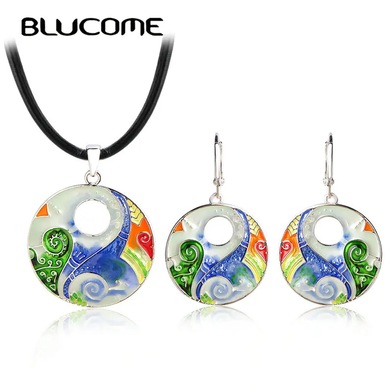 Blucome Colorful Big Round Necklace Earrings Set Rope Chain Choker Pendant Long Drop Pendientes Women Girls Enamel Jewelry Sets|enamel jewelry