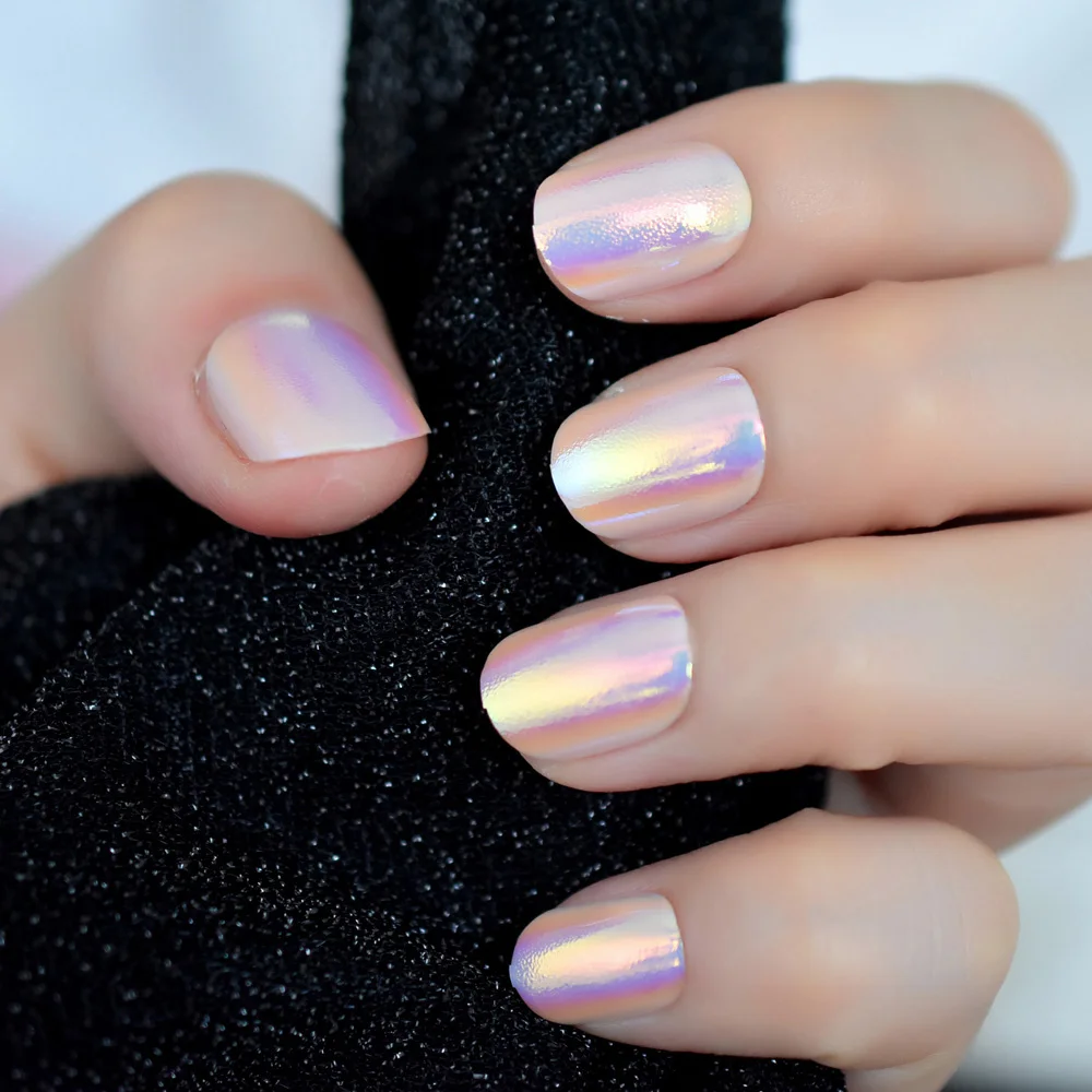 

24pcs Unicorn Chrome Press On Fake Nails with Designs Iridescent Pink Short Full False Nails Acrylic with Glue Sticker 12 Sizes