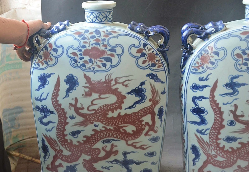 19 "Изысканный Китайский Окрашенные ФАРФОР дракон феникс цветок бутылка горшок